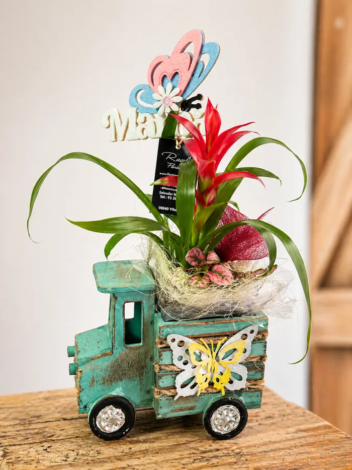 Bromelia en un camión de madera con cartel «Mamá» para el Día de la Madre